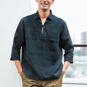 Japanese brand linen Navy Casual Button Down Shirt for Men